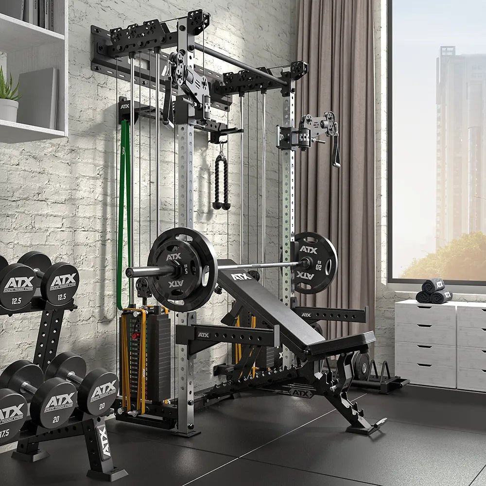 ATX® Half Rack - Zugstation mit 2 x 90 kg Steckgewichten - Wandbefestigung - Half Rack mit Kabelzug