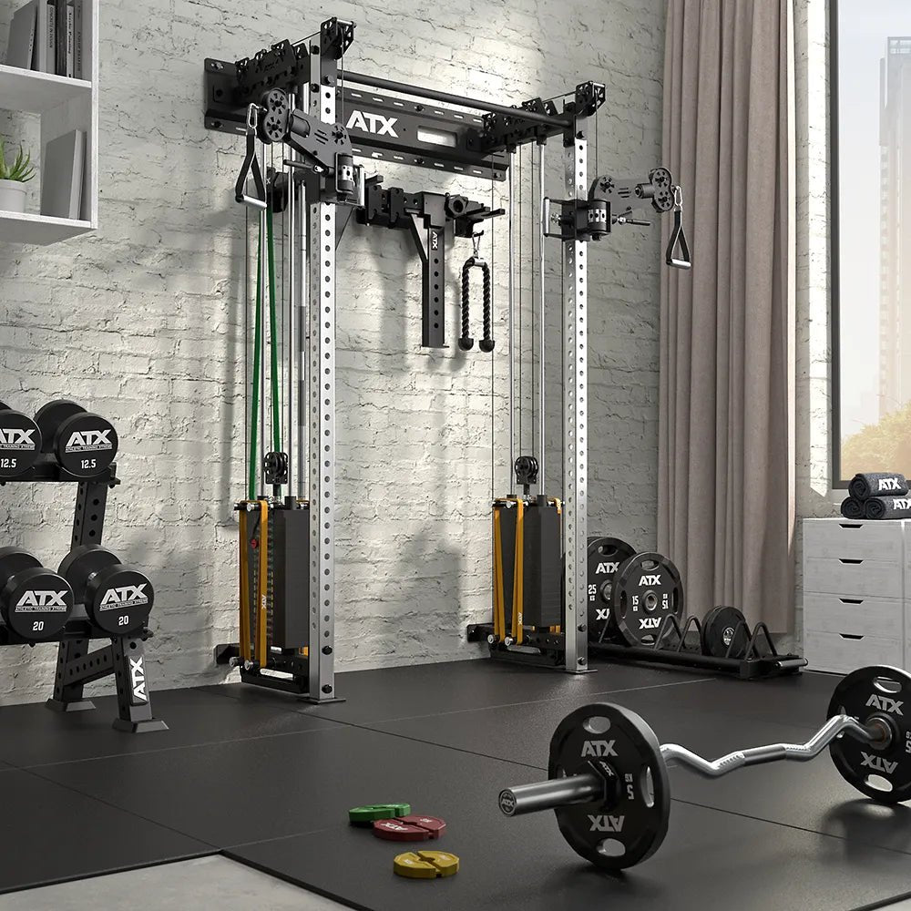 ATX® Half Rack - Zugstation mit 2 x 90 kg Steckgewichten - Wandbefestigung - Half Rack mit Kabelzug